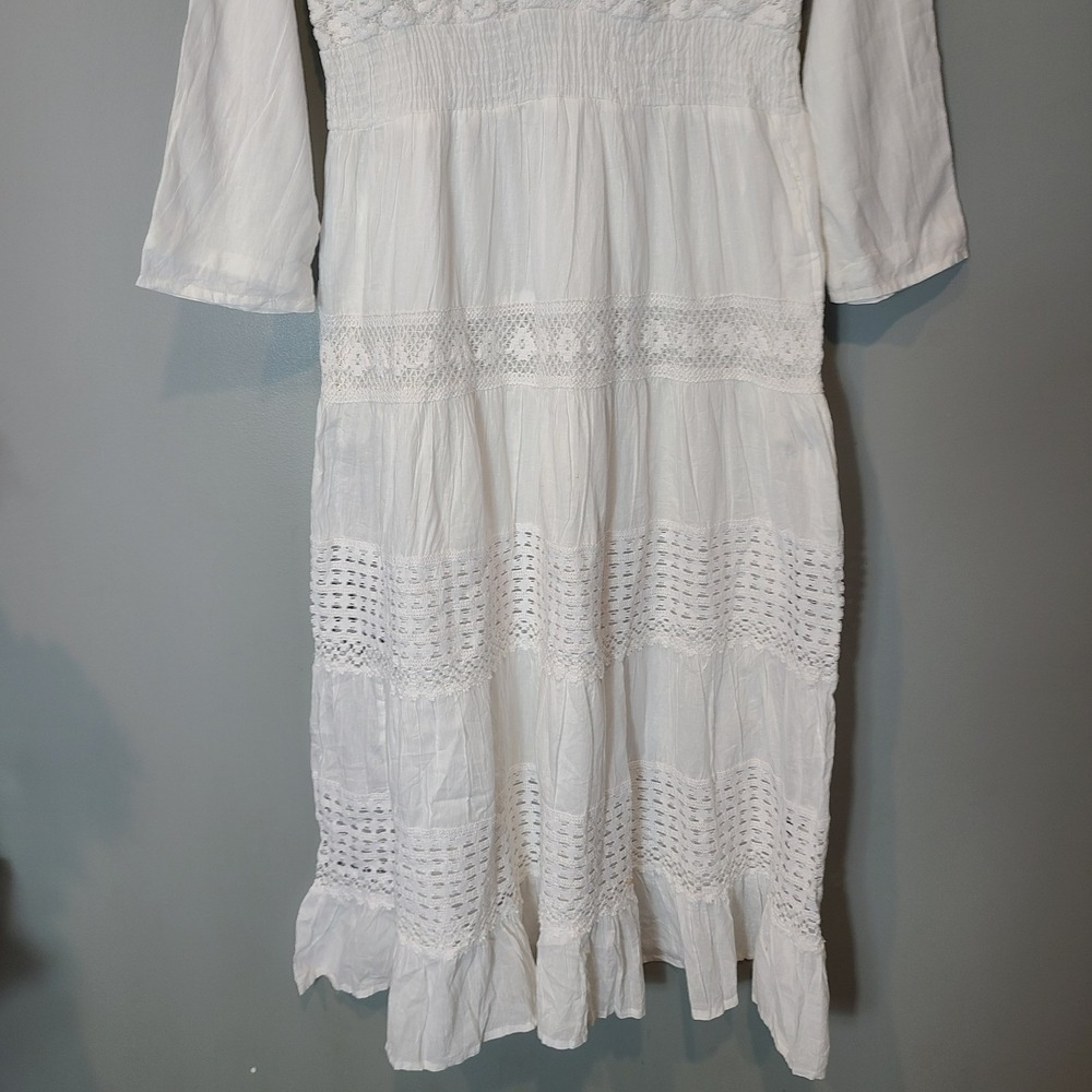 NAOO Cotton White Crochet Lace Tiered Flowy Boho Cottage Maxi Dress Sz M Resort - Picture 3 of 11